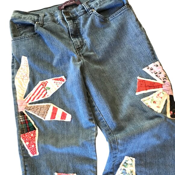 Vintage Quilt Patchwork Jeans, 10P: Upcycled Hippie Pants, Boho Festival Wear - Picture 5 of 8